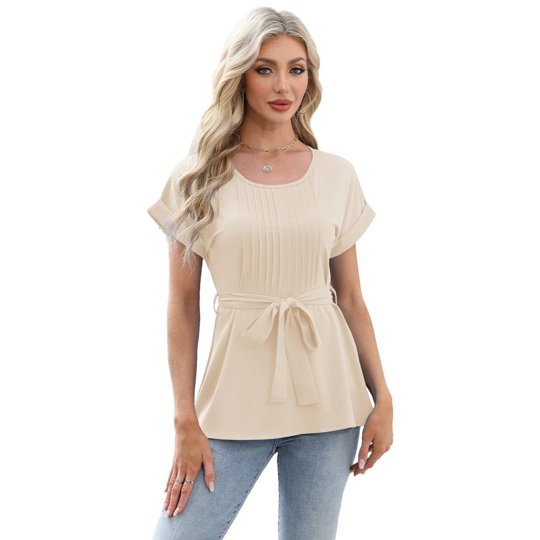 Dame elegant bluse med talje bælte og folder Stilla