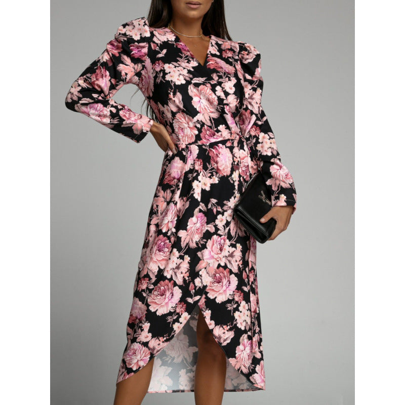 Dame Elegant Blomstret Print Wrap Kjole med Sidelængde Stilla