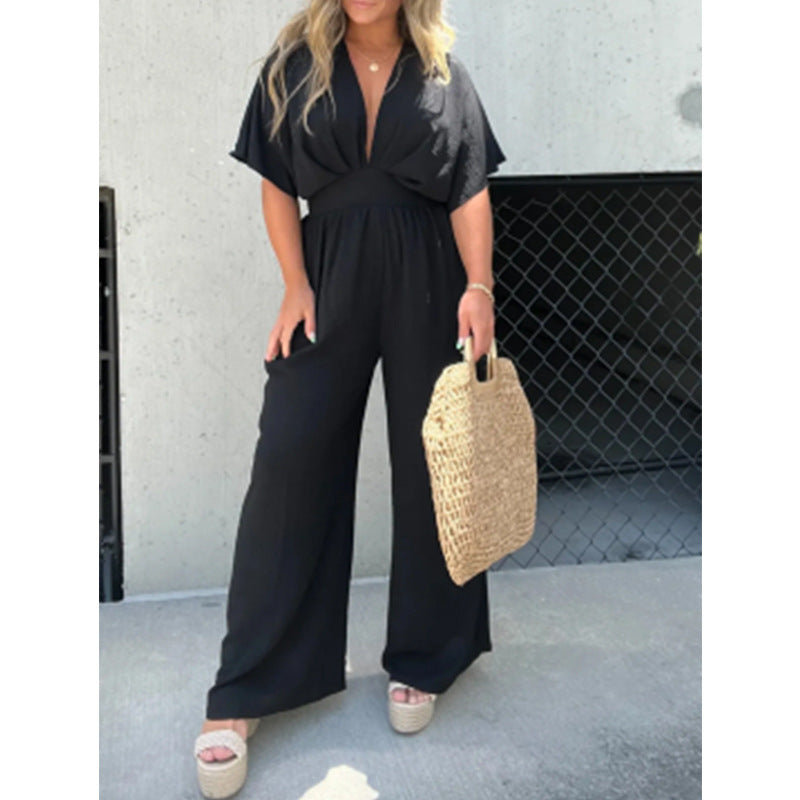 Dame elegant jumpsuit med bred ben og dyb V-udskæring Stilla