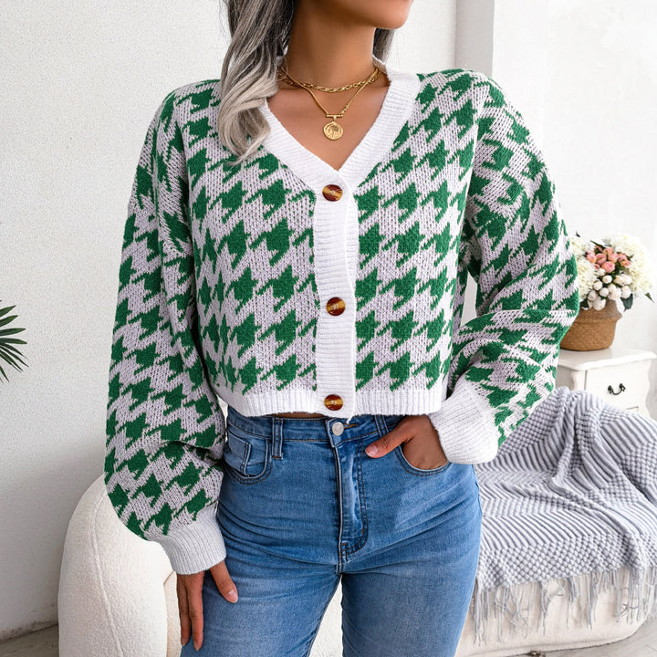 Dame Kort skåret strikjakke med moderne houndstooth-mønster Stilla