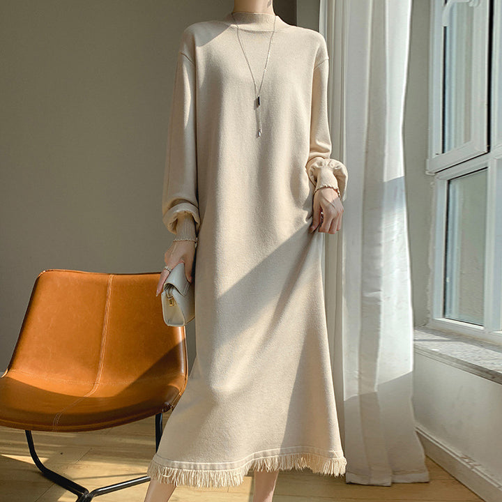 Femme Elegant Strik Maxi Kjole med Frynse Kant Stilla