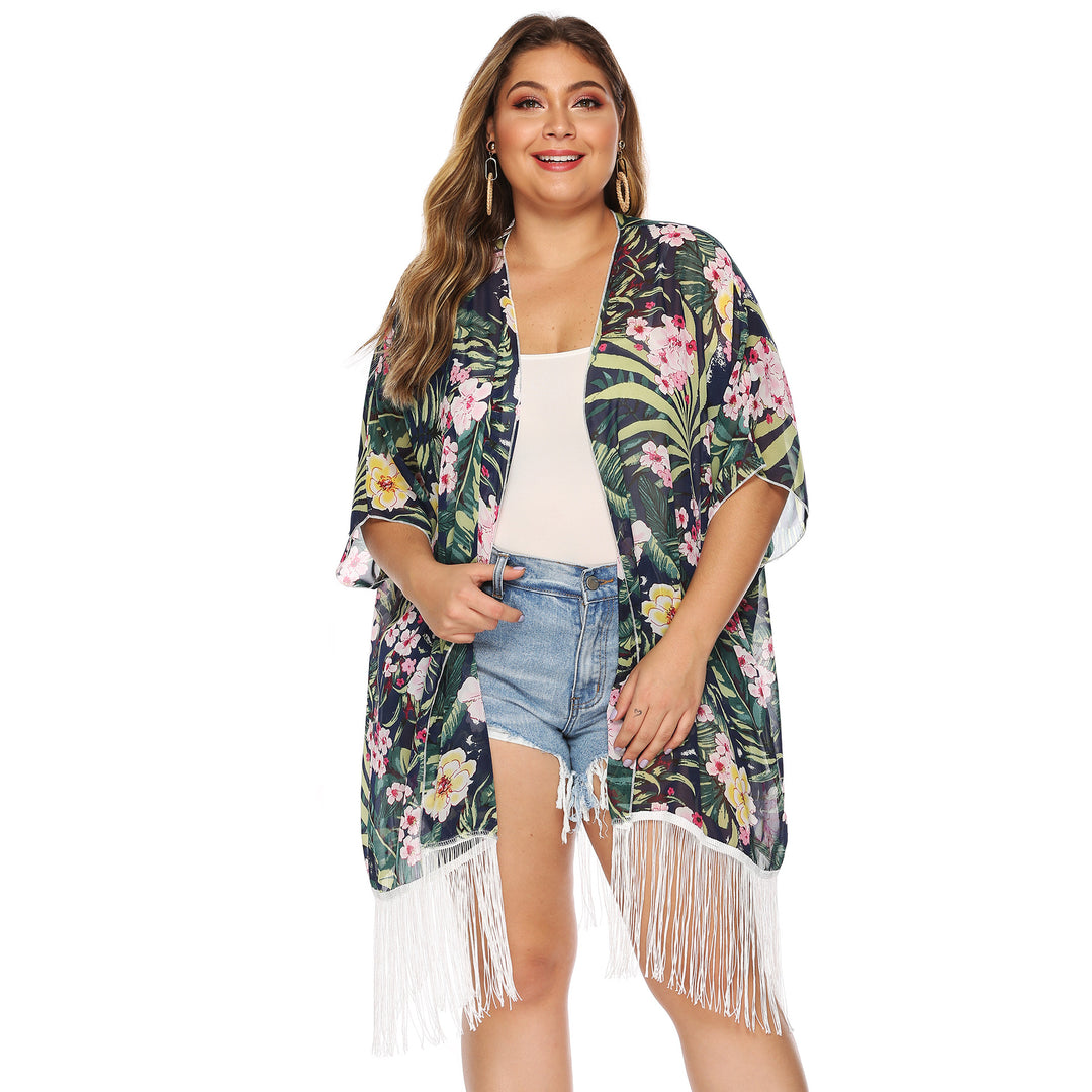 Dame-kimono med blomstertryk og frynser Stilla