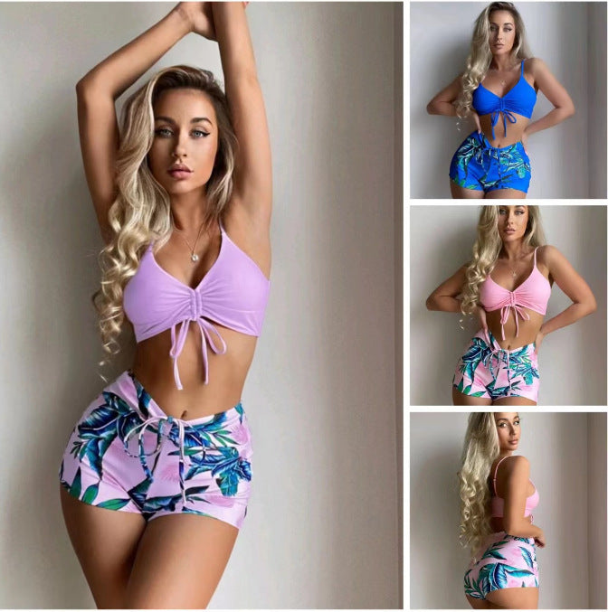 Dame Rynk Crop Top og Højtaljede tropisk Print Shorts Sæt Stilla