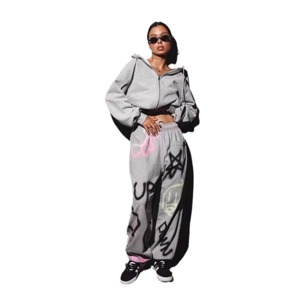 Kvinder casual hoodie og jogger bukser sæt i urban graffiti design Stilla