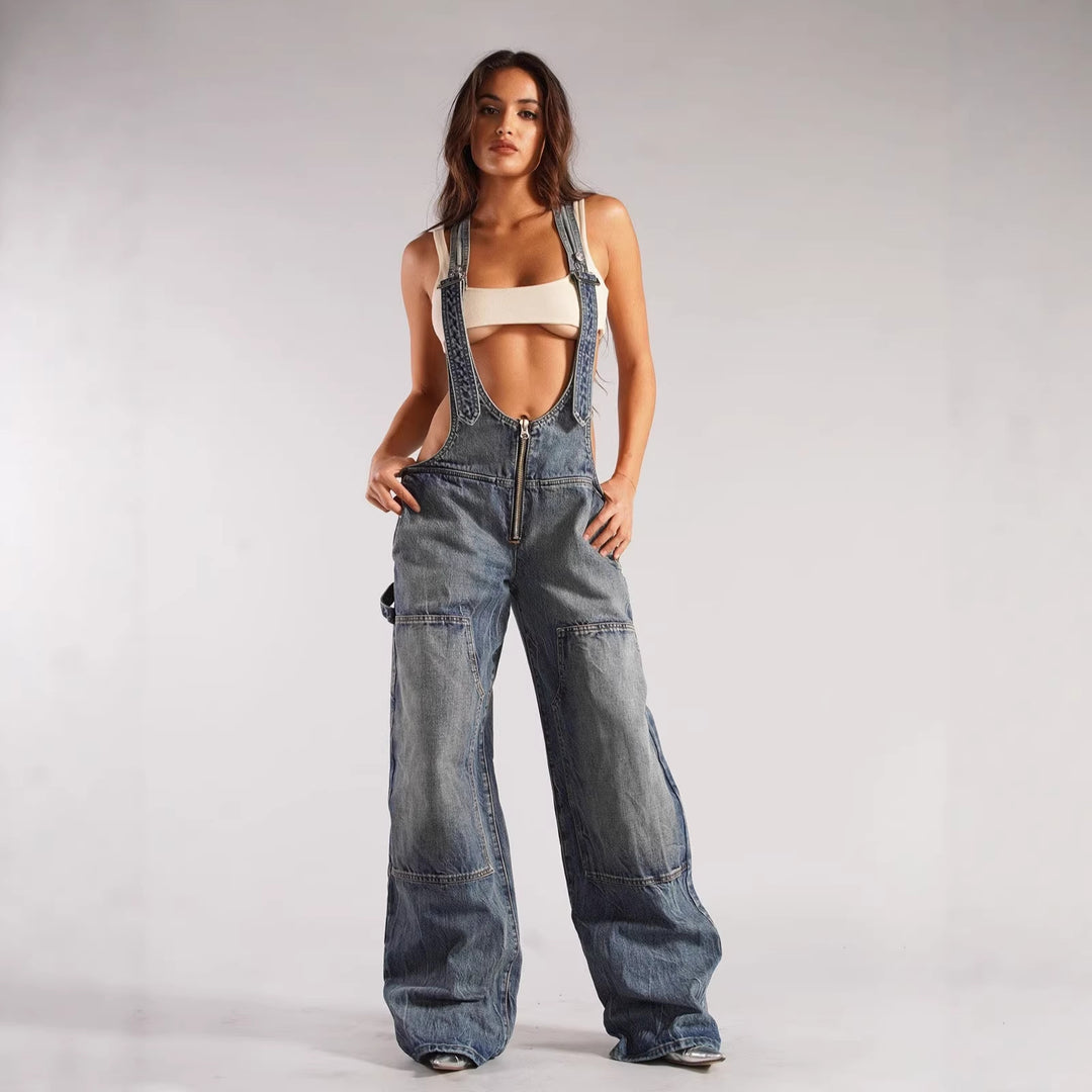 Damer afslappet Denim-overalls med oversized snit og praktiske lommer Skovae