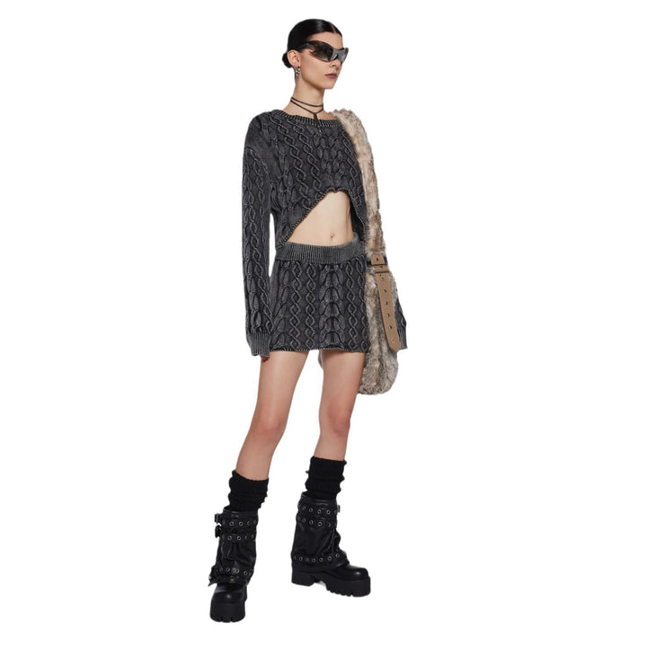 Kvinders Chunky Strikket Crop Top og Mini Nederdel Sæt Stilla