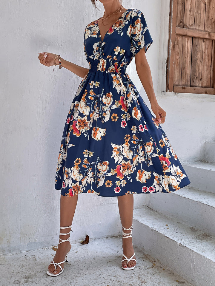 Dame Floral Print Smocked Waist Wickelkjole Stilla