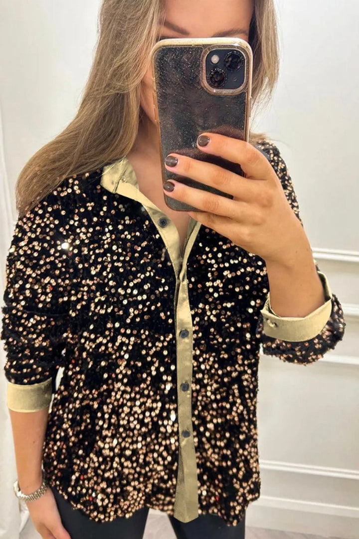 Dame glamourøs pailletbluse med klassisk krave og lange ærmer Stilla