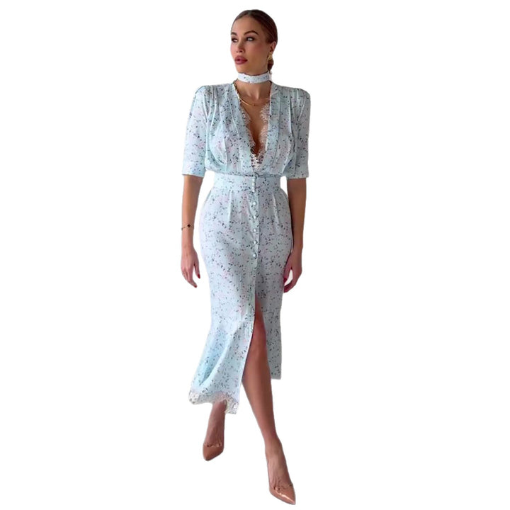 Dame Elegant Midi Kjole med Glitrende Chiffon og Dyb V-Udskæring