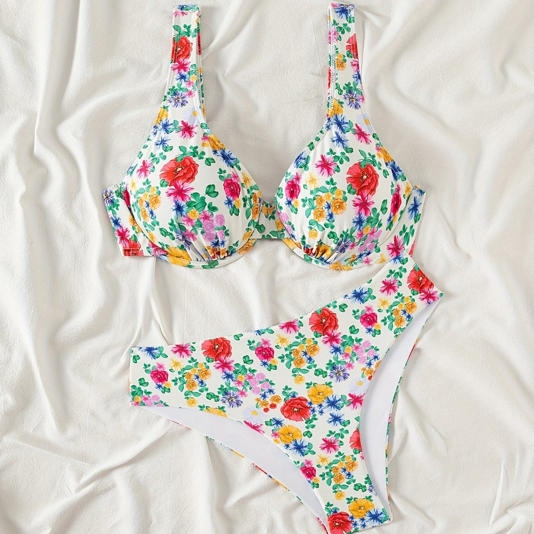 Dame bikini sæt med moderne blomster mønstre og høj talje Stilla