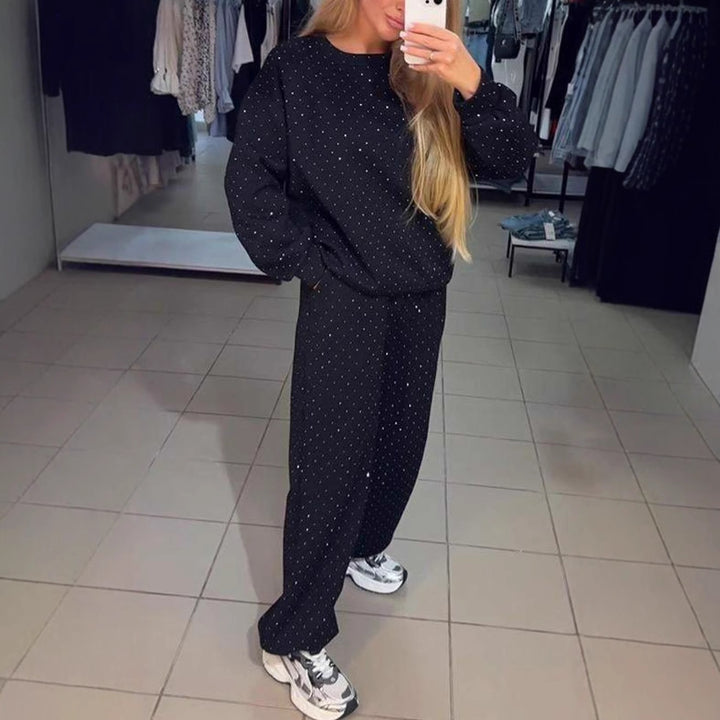 Dame hyggeligt sweatshirt-sæt med fine prikker og elastisk bånd Stilla