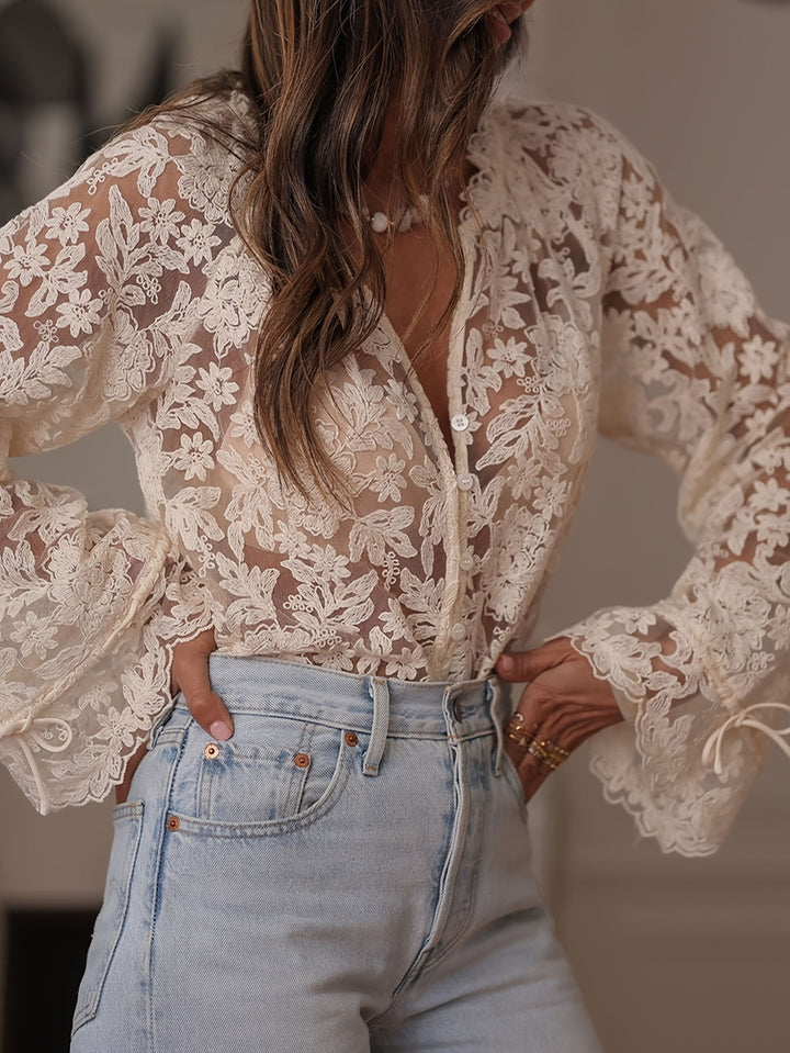 Dame gennemsigtig bluse med blomster broderier og vide ærmer Skovae