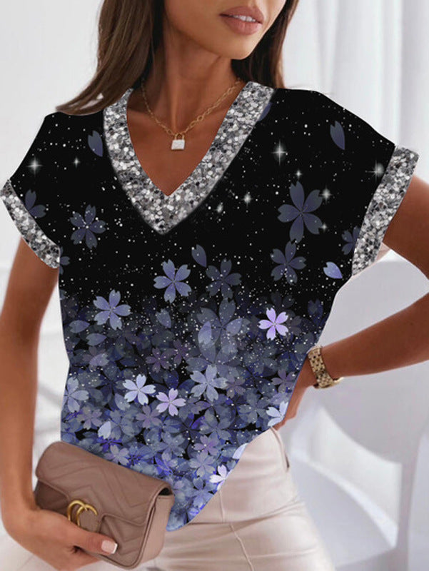 Stilla | Trendy Print V-Hals Batwing Ærme T-shirt