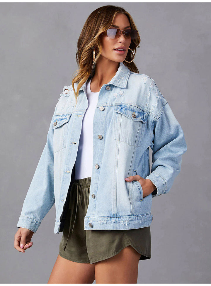 Dame Oversized Denimjakke med Ødelagte Detaljer Stilla
