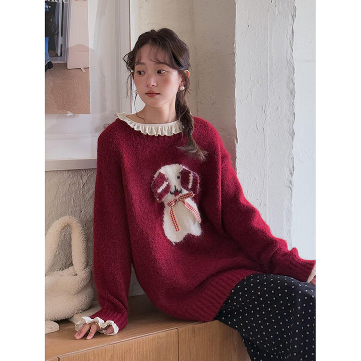 Dame hyggelig sweater med sødt kaninmotiv og flæsedetaljer Stilla