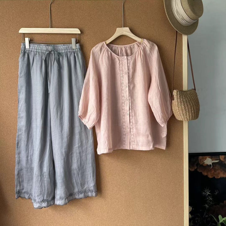 Femme Casual Linned Overdel og Bukser Sæt Stilla