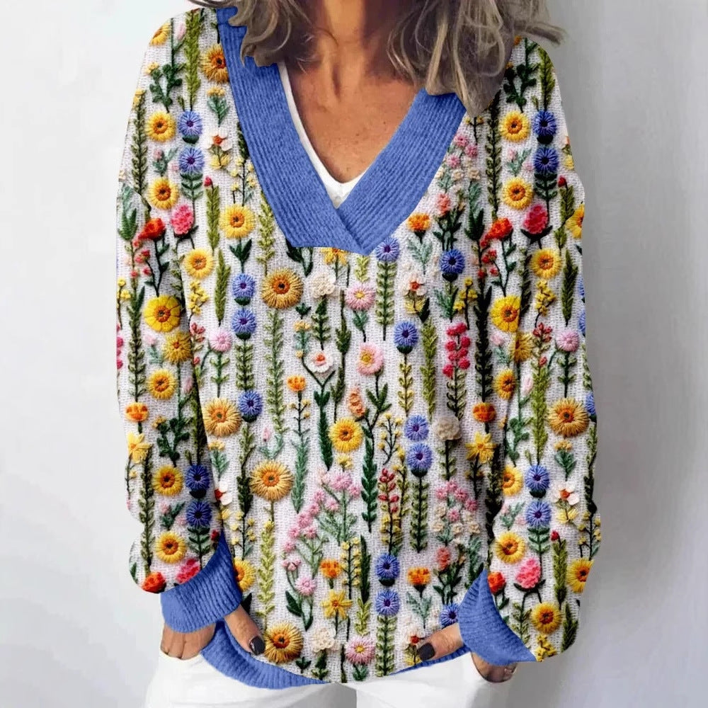 Kvinders V-hals sweater med blomsterdesign og afslappet pasform Stilla