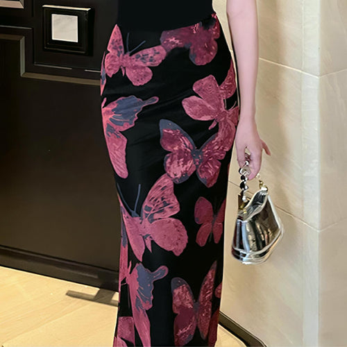 Damer Elegant Maxi Kjole med Blomster Sommerfuglemønstre og Transparent Nederste Kant