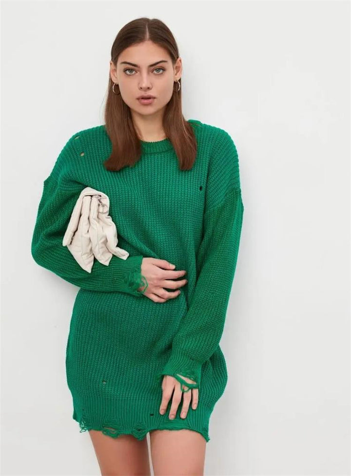 Dame Oversized Strikbluse med unikt hulmønster og ribstruktur Stilla
