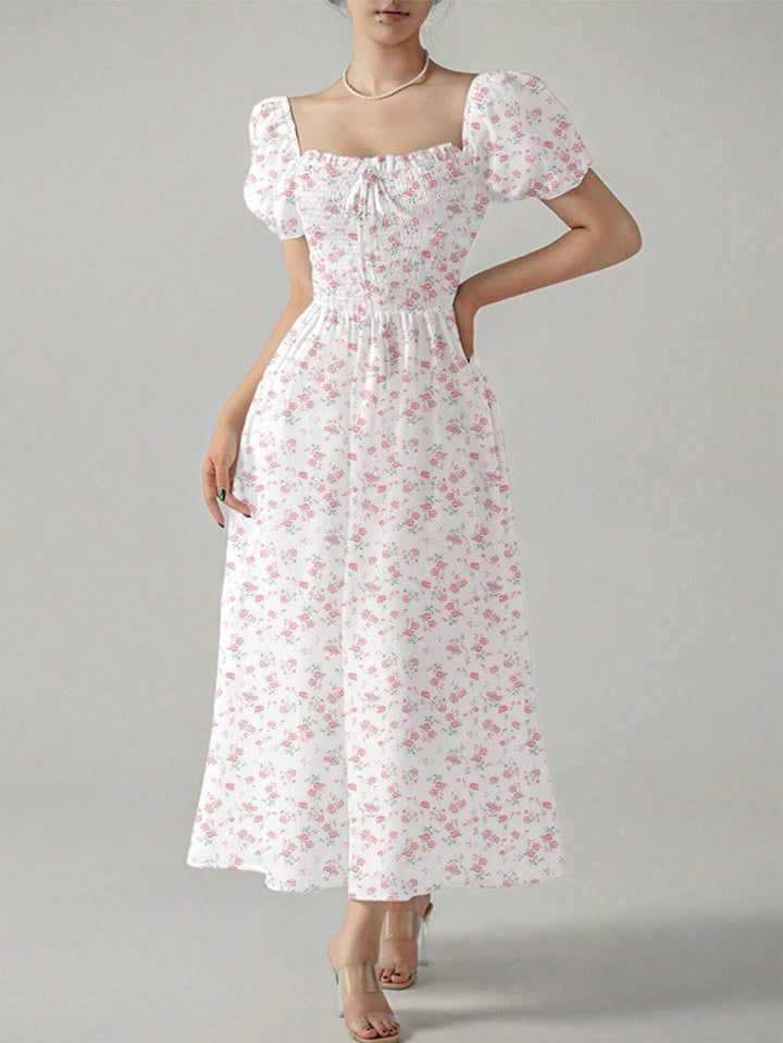Dame Blomster Puffærmer Maxi Kjole Stilla