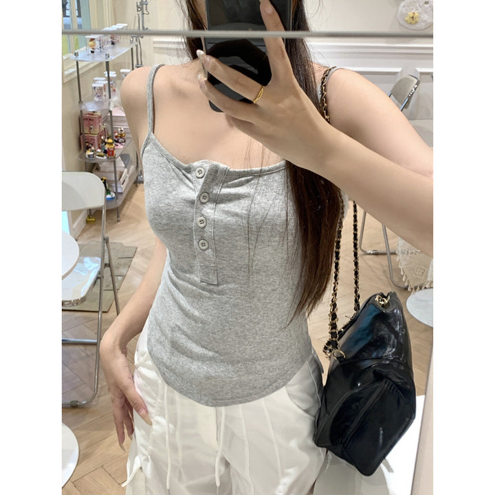 Femme Knap-Front Spaghetti-Strop Tanktop Stilla