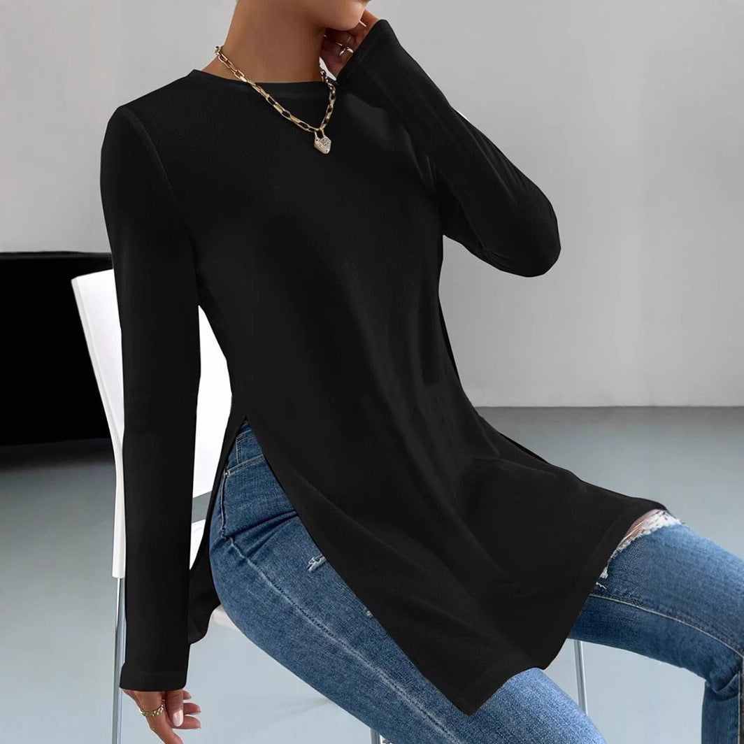 Dame fashion langærmet tunika top med sidelængder og rund pas Stilla