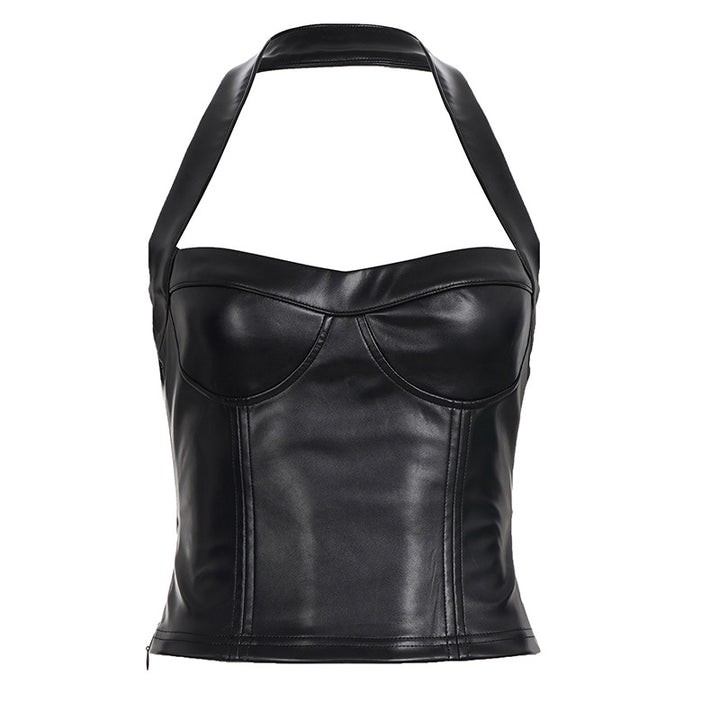 Dame Kunstlæder Crop-Top med romantisk snit og forførende bustier-effekt Skovae