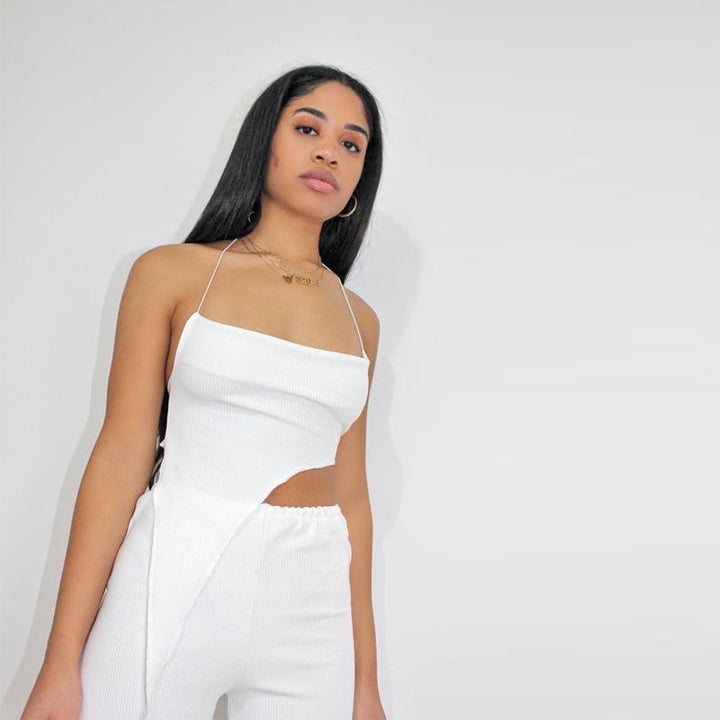 Damer asymmetrisk Crop-Top med fint ribdesign og dyb udskæring Skovae