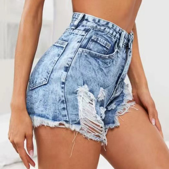 Dame Ripped Denim-Shorts med høj talje og fashionable distressed-look Stilla
