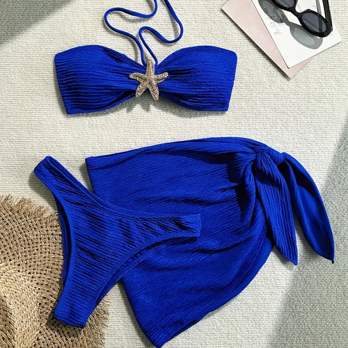 Dame bandeau-bikini-sæt med legesyg indpakningsskørt og glitrende søstjerne-detalje Skovae