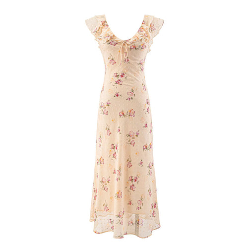 Dame maxikjole med blomstret design og elegante rucherdetaljer Skovae