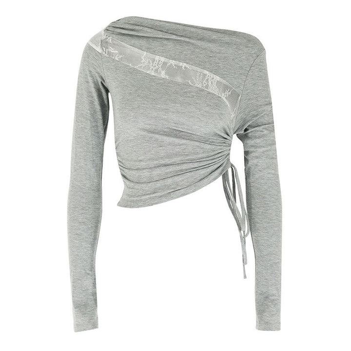 Dame mode langærmet top med asymmetrisk snit og drapering Skovae