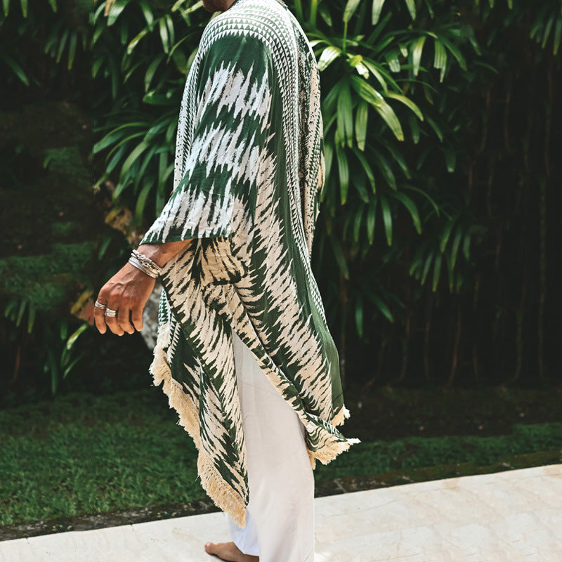 Herre afslappet kaftan med moderne Ikat-mønstre og dekorative frynser Stilla