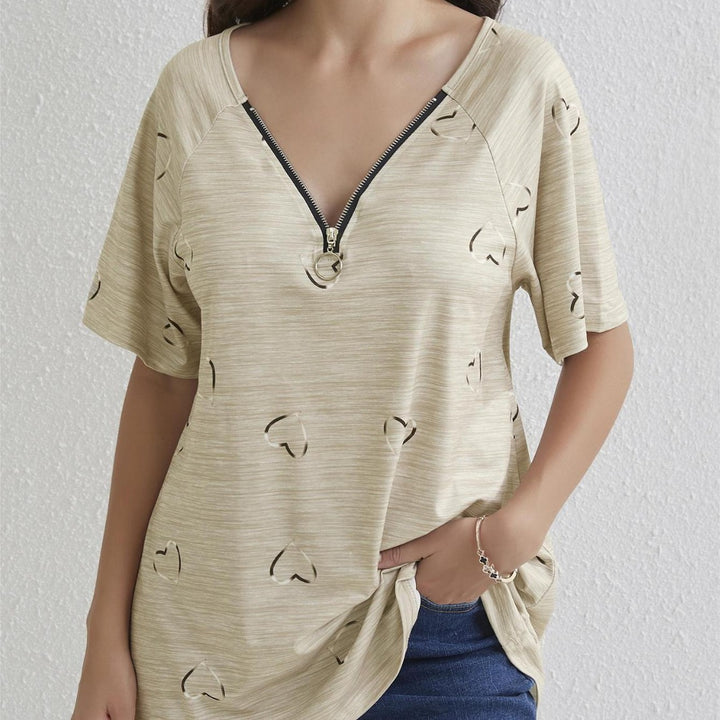 Dame moderne oversized T-shirt med halvtransparent hjerte design og moderne lynlås Stilla