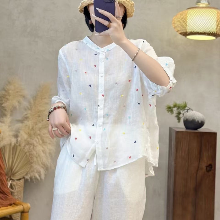 Dame Fritid Let Broderet Button-Up Skjorte Stilla