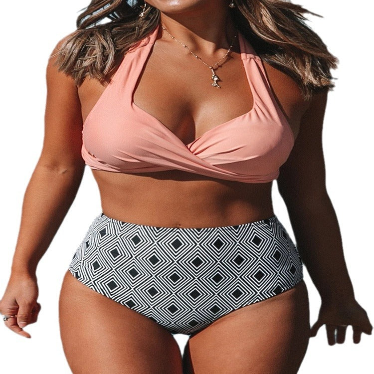 Damer High-Waist bikini-sæt med elegant indpakningsdesign og moderigtigt geometrisk mønster Skovae