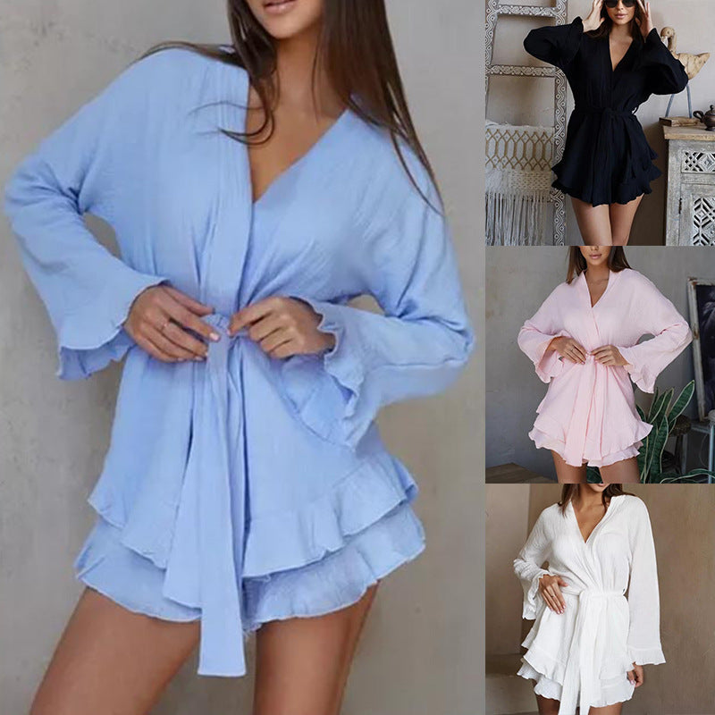 Dame luftig Kimono med volangdetaljer og kort overdel Stilla