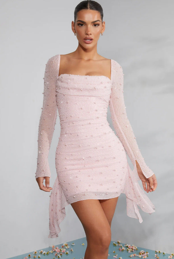 Dame Elegant Minikjole med glitrende perler og asymmetrisk kant Stilla