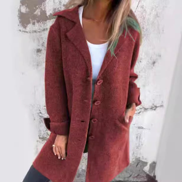 Dame Casual Uldfrakke med store lommer og dekorative knapper Stilla