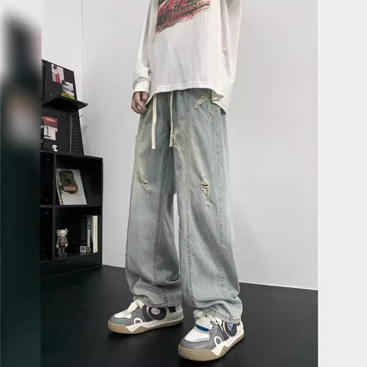 Herren Vintage-Style Baggy-Jeans med Ødelæggelses-effekter og elastisk Talje Stilla