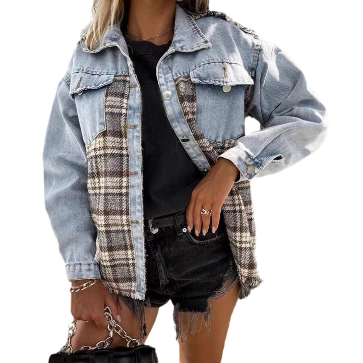 Dame Oversized Jeansjakke med ternet front og vintage-detaljer Stilla