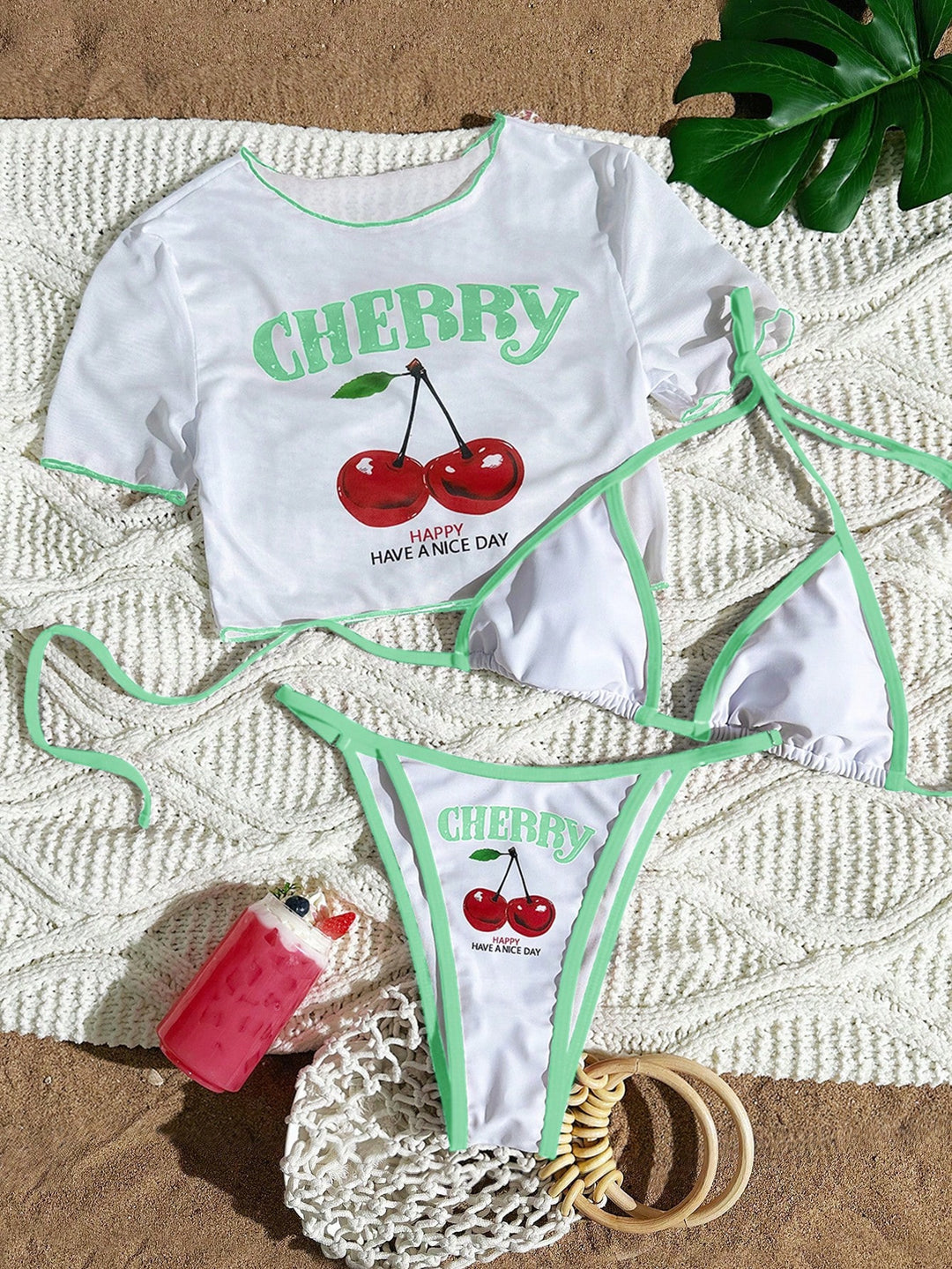 Dame bikini-sæt med trendy kirsebærmotiv og afslappet crop-top Skovae