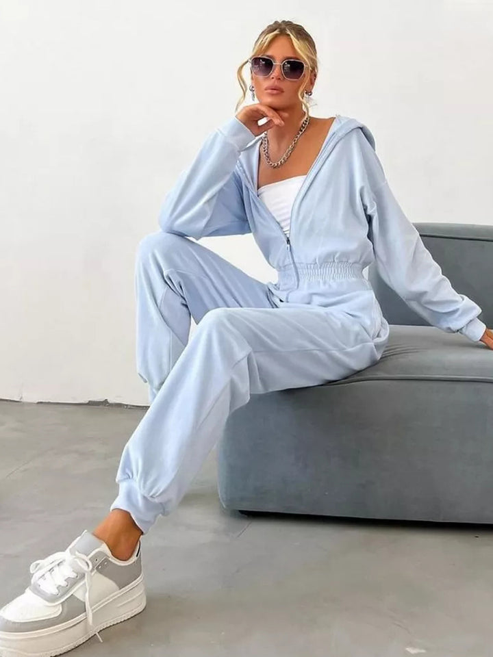 Damer sporty fleece jumpsuit med hætte og elastisk livbånd Skovae