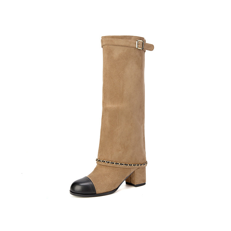 Femme Elegante Over-kneet Suede Blokhæl Støvler med Kæde Detalje Stilla