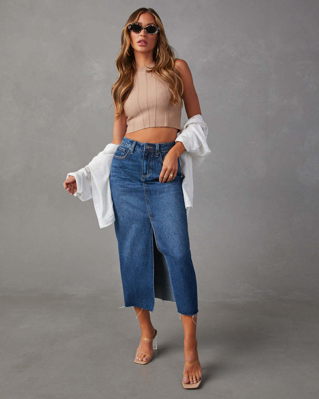 Dame Casual Denim Nederdel med sidelisk og frynset kant Stilla