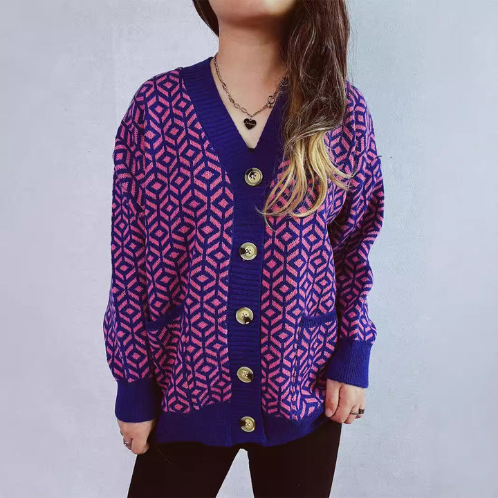 Kvindernes cardigan med geometrisk mønster og gylden knapdetalje Stilla