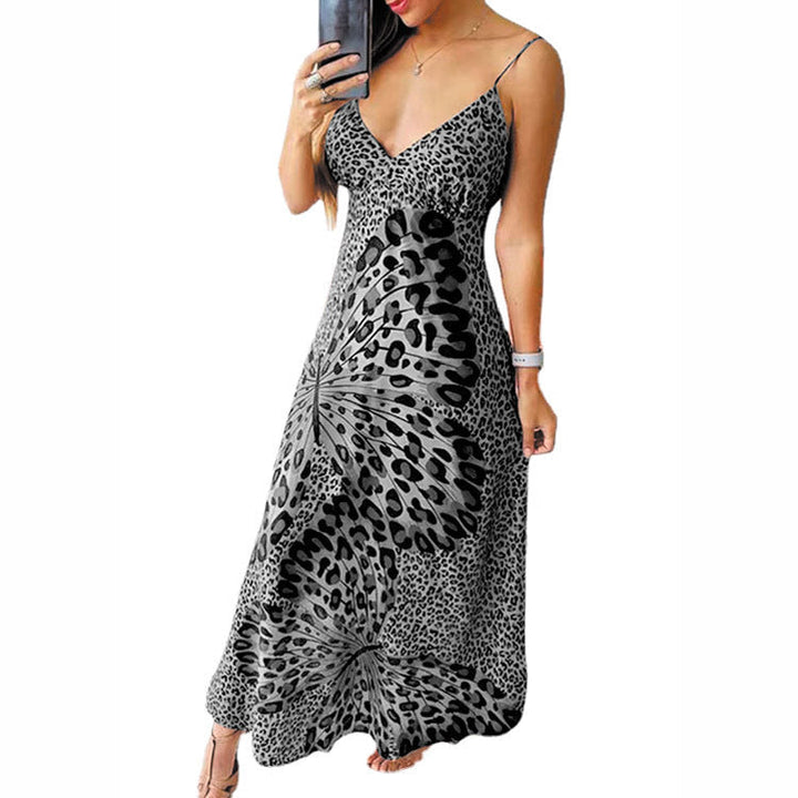 Stilla | Leopard-print-sommerfugl-mønster-v-udskæring-ærmeløs-basis-kjole