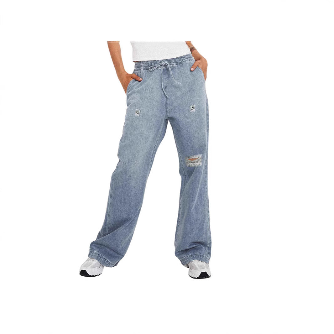 Damer Casual Wide-Leg Jeans med fashionable Distressed-detaljer og elastisk talje Stilla