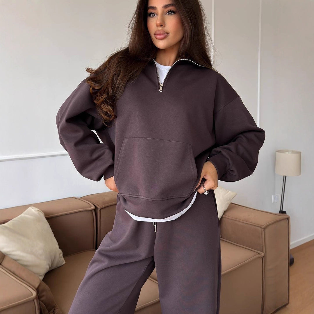 Dame behagelig og stilfuld fleece-pullover med halv lynlås og løse bukser Stilla