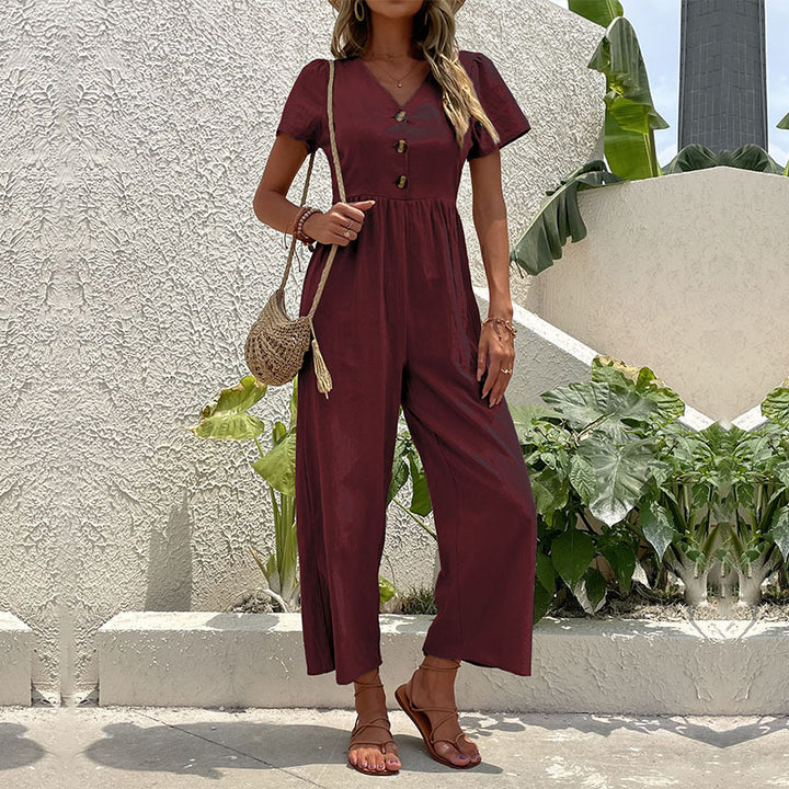 Dame Elegant Knap-Foroven Bredbenet Jumpsuit Stilla